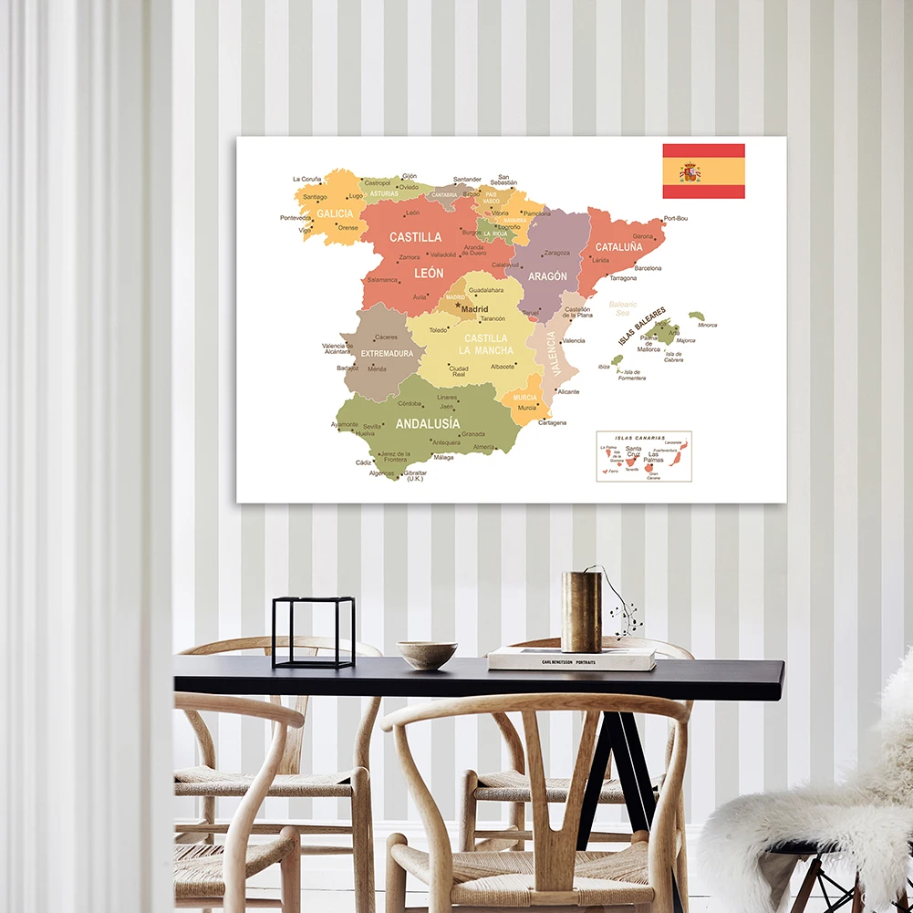 Toile Non tissée 150x100 cm, peinture de la carte politique de l'espagne en espagne, affiche d'art murale, décoration de la maison, fournitures scolaires