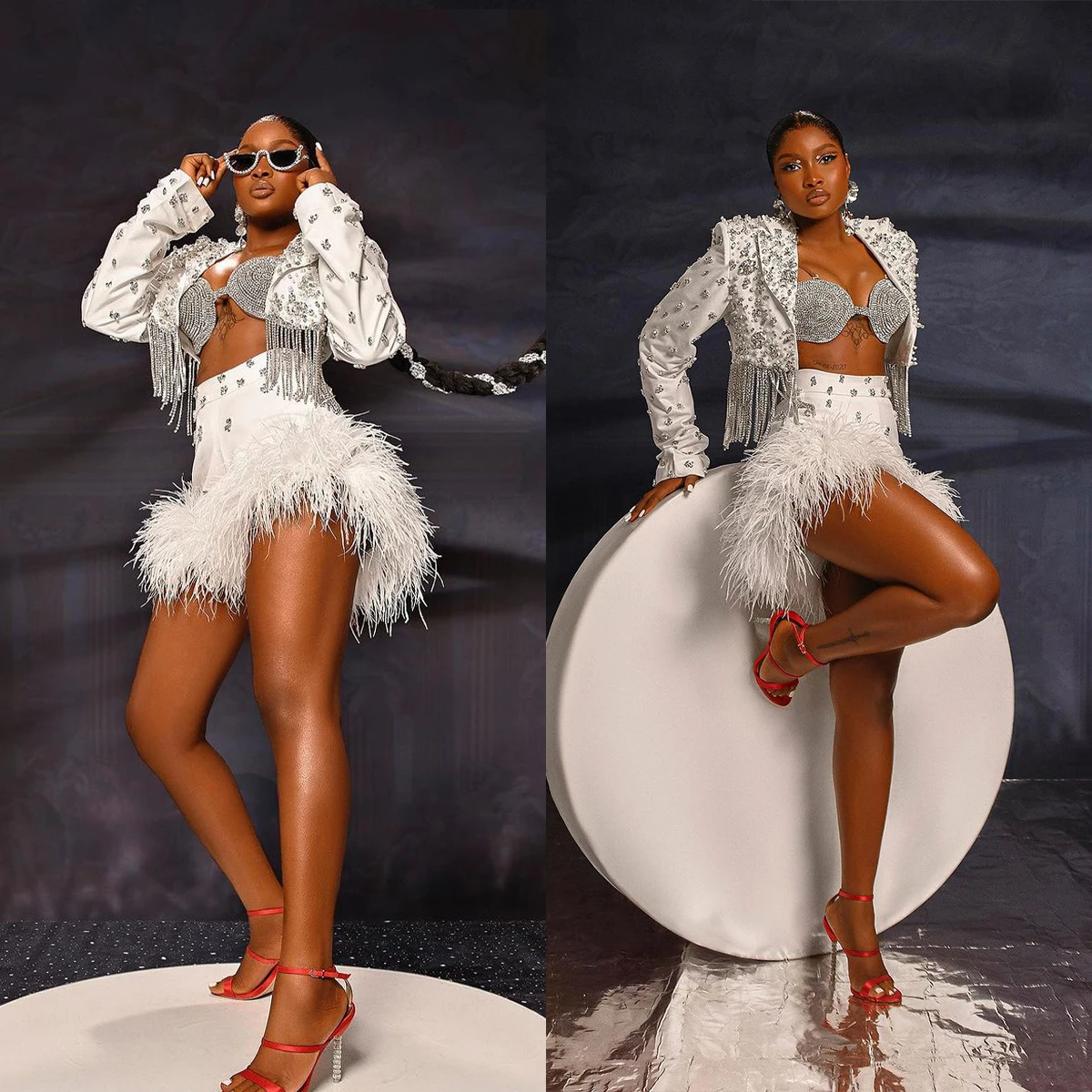 

Sexy 2 Pieces Mini Skirt Dresses Exquisite Beads Crystal Feather Tops Party Prom Custom Made Modern Women Suits Sets