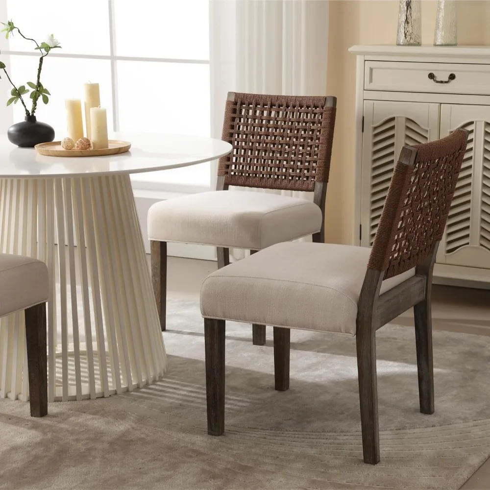 Upholstered Dining Chairs Set of 2, Farmhouse Dining Room Chairs Beige Kitchen Wooden Side Chair for Dinning Room-Linen