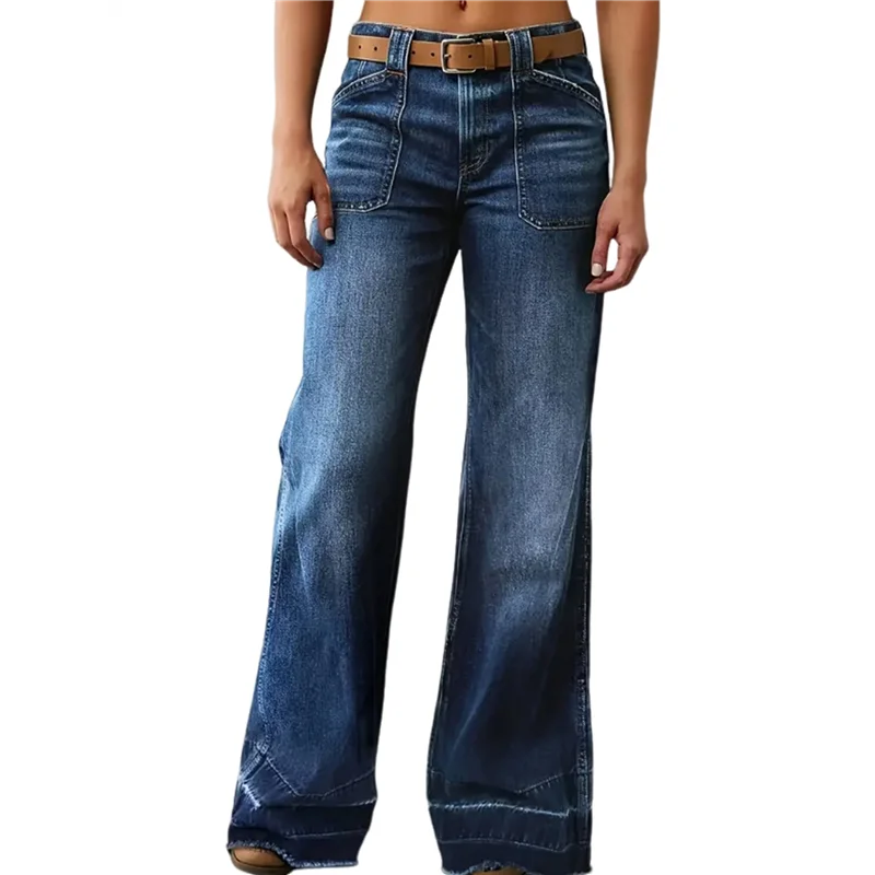 넓은 일자핏 미드라이즈 배기 포켓 데님 청바지 (벨트 없음)