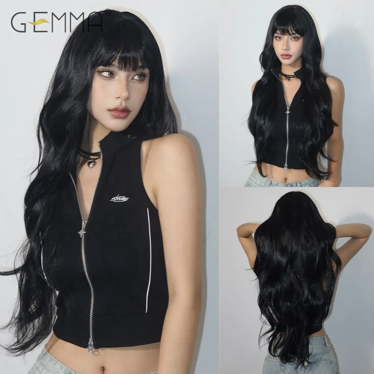 Black Synthetic Long Wavy Wig with Fluffy Bangs Natural Wave Wigs for Women Cosplay Daily Use Fake Hair Heat Resistant Fibre ombre orange blonde long wavy wig synthetic natural wave cosplay wigs with bangs for women heat resistant lolita fake hair
