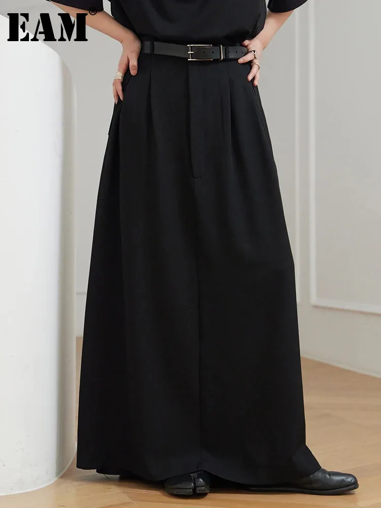 

[EAM] High Waist Black Pleated Elegant Long Half-body Skirt Loose Fit Women Fashion Tide New Spring Autumn 2024 1DH0070