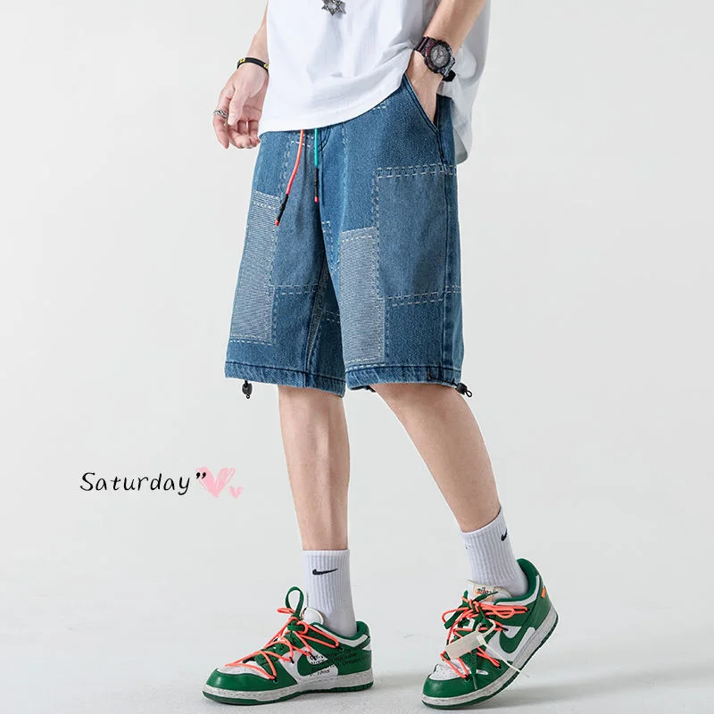 

Summer Jeans Men All-match Contrast Color Stitching Shorts Casual Washed Straight Wide Leg Overalls Trend Drawstring Denim Pants