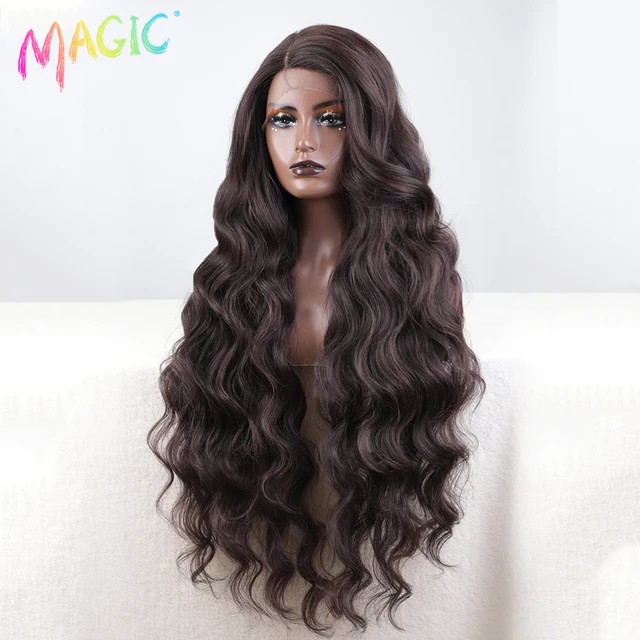 Magic Synthetic Lace Front Wig Long Wavy 36 Inch Cosplay Body Wavy Side Part Lace Wig For Women Lace Front Wig Ombre Blonde  Wig 4