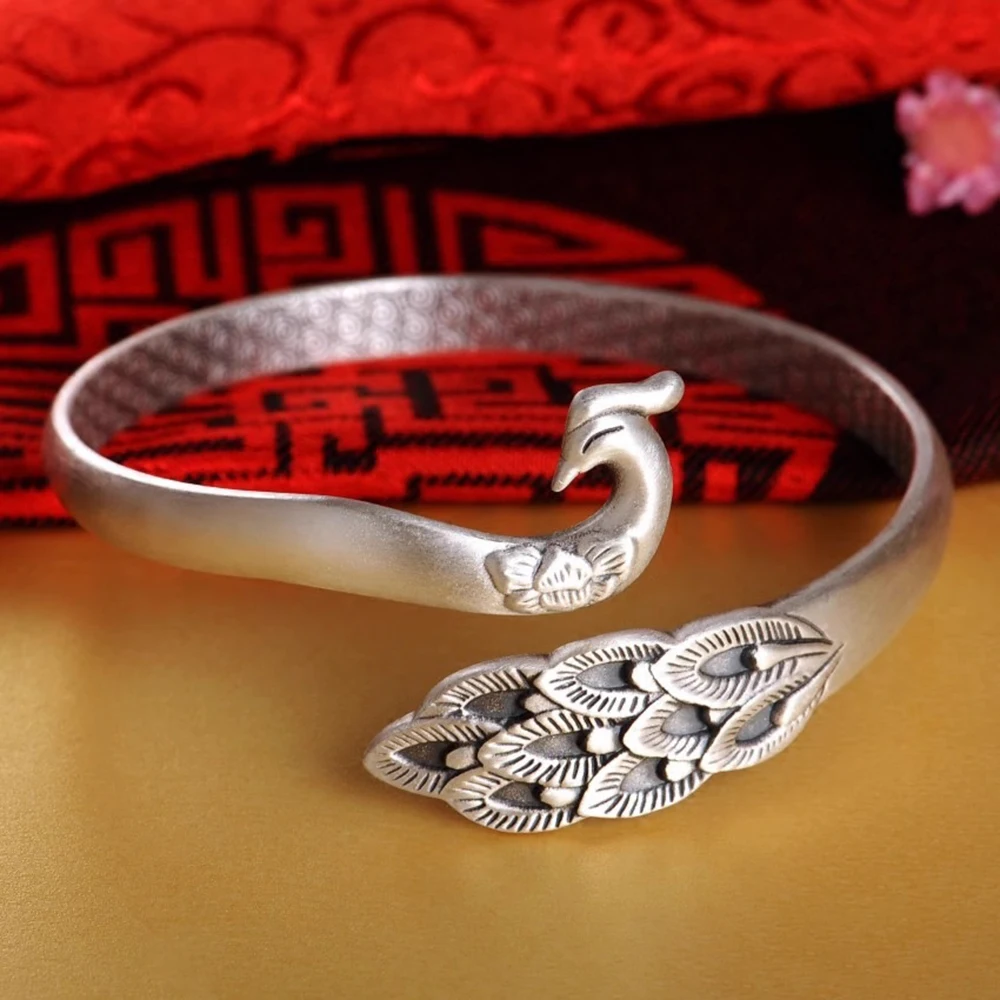 

Pure Solid S999 Fine Silver Women Bracelet Lucky Peacock Open Size Cuff Bangle