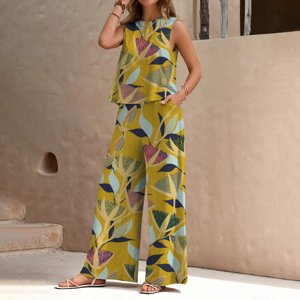 

Гавайская Мода для отпуска Новый женский брючный костюм жилет без рукавов брючный костюм из шифоновой ткани легкий дышащий мягкий удобный