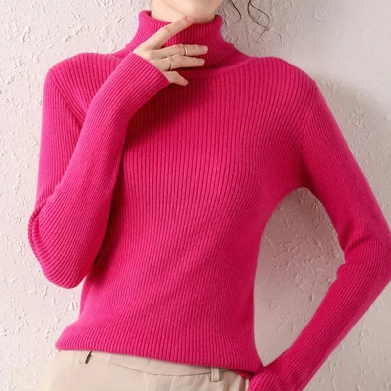 Fashionable Autumn Winter Women's Turtleneck Sweater with Long Sleeves and Cashmere Blend Ribbed Sweaters 6