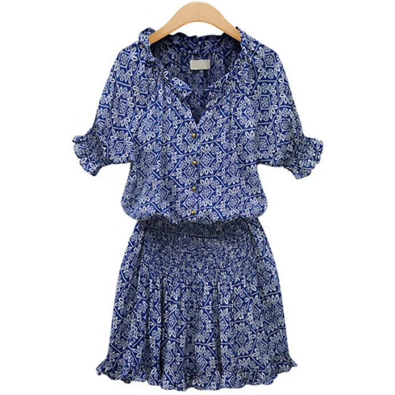 Summer Floral Cotton Dress Women Casual Fashion Mid-Sleeve Polo Collar Princess Skirt Vintage Chinese Style Single-Buckle Fas... - Image 4