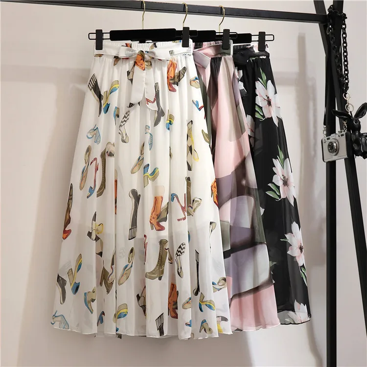 pencil skirt Long Skirt Women For 2022 Spring Summer Lady Korean Style White Black Chiffon Sun School High Waist Midi Skirt Female sequin skirt