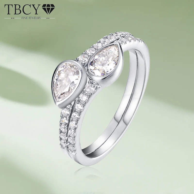 

TBCYD 1CT D Color Pear Cut Teardrop Moissanite Rings For Women 925 Sterling Silver New In Double Layer Couple Ring Band Jewelry