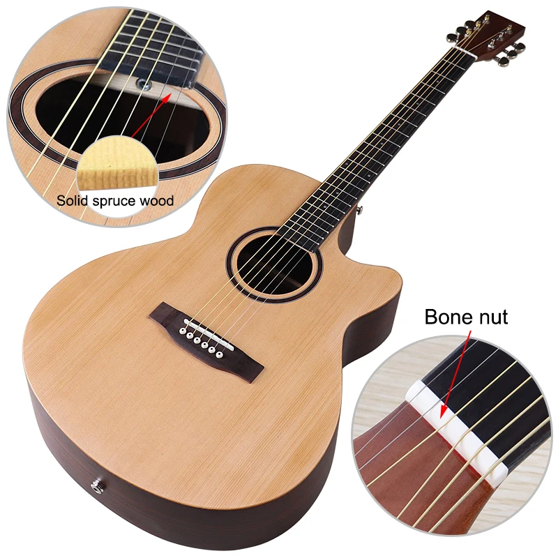 

Solid Spruce Wood Top 40 Inch Acoustic Guitar 6 String Folk Guitar For Beginner Natural Color With Guitar Pickup High Grade
