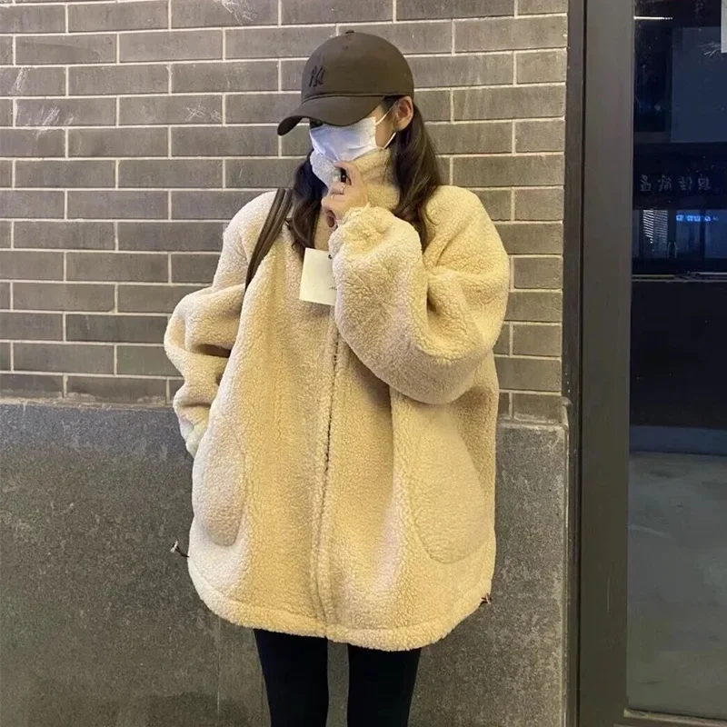 

Women's Fashion Lamb Wool Coat Super Hot Autumn Winter Women Thick Tops Zipper Stand Collar Jacket High Quality Ladies Coats New