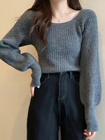 Lazy side wind restoring ancient ways led lantern sleeve sweater women cultivate one's morality show thin sweater niche western