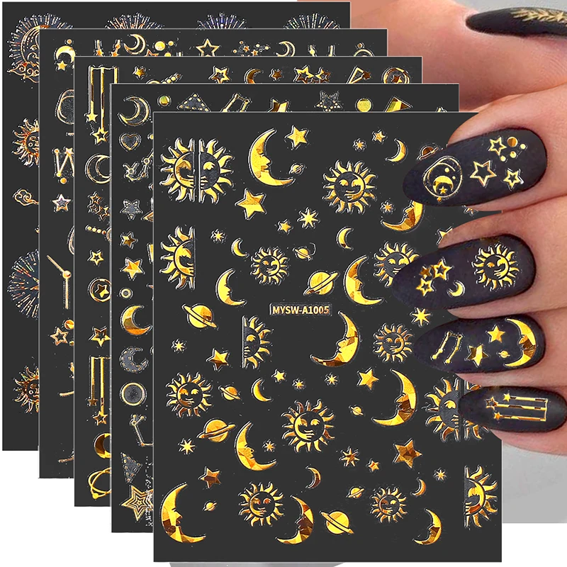 

6pcs/set 3D Moon Star Nail Stickers Holographic Laser Nail Decals Aurora Stars Moon Sun Planets Design Nail Art Stickers Decor