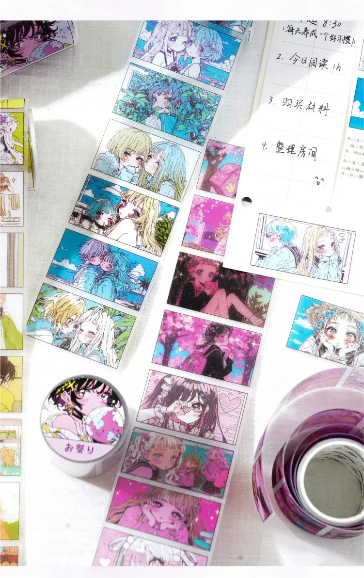 1 Rolle japanische Anime- und zweidimensionale Klebebandaufkleber im Manga-Stil, lebendige Charakterdesigns für Tagebuch, Notizbuch, Dekorationsband – Detail 12