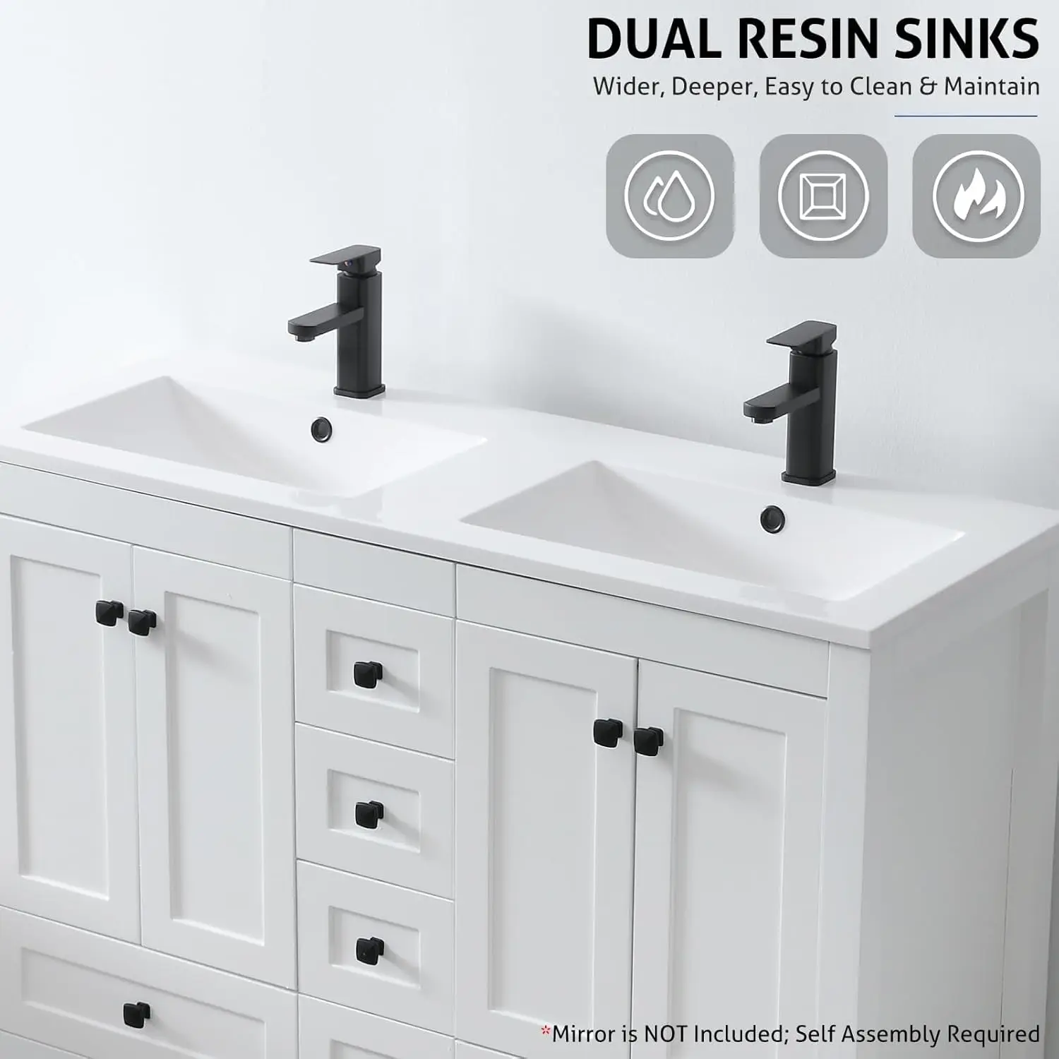 48" Bathroom Vanities Cabinet with Sink Combo Set, Undermount Double Resin Sink w/Thickened Wood, Matte Black Faucet 5