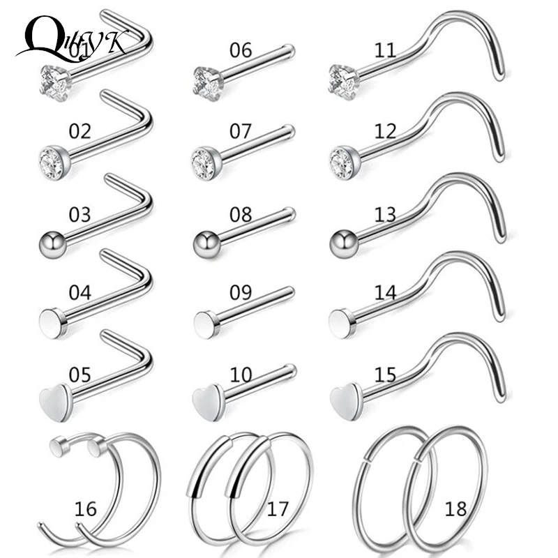 20G Nose Studs Surgical Steel Nostril Studs Screws Nose Ring Hoop Body Piercing Silver Color Heart Stud 5 9 21Pcs
