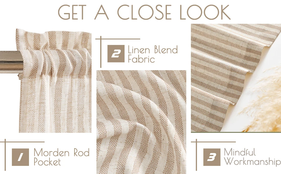 Linen Kitchen Curtains - Japanese Striped Short Rod Pocket Drapes