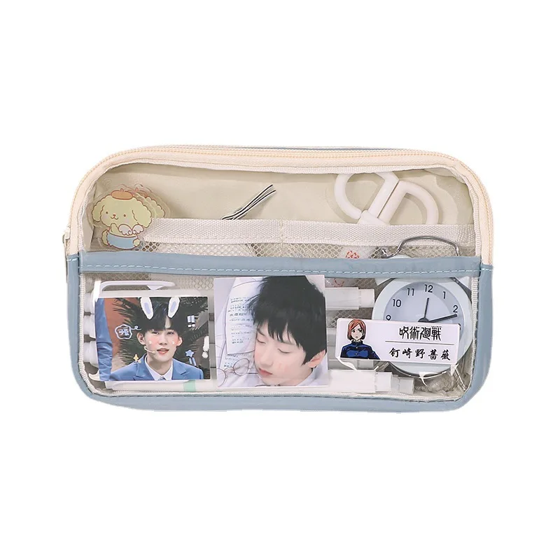 카와이 대용량 연필 케이스, 간단한 투명 4 레이어 연필 가방, 남아 여학생 용품, 한국 문구