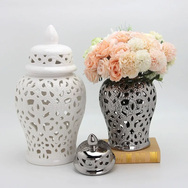 Chinese Hollow Ginger Pot Silver-plated Handicraft Ornament Dried Flower Flower Arrangement Accessories Decorative Storage Tank 3