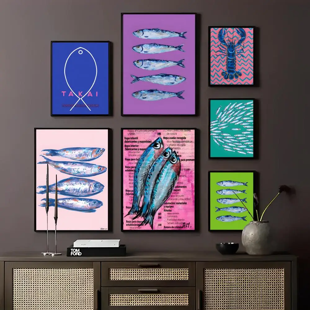 Colorful Sardine Lobster Fish Ocean Animal Sticky Posters Wall Sticker DIY Living Room Bar Cafe Posters Decorative Painting Wall