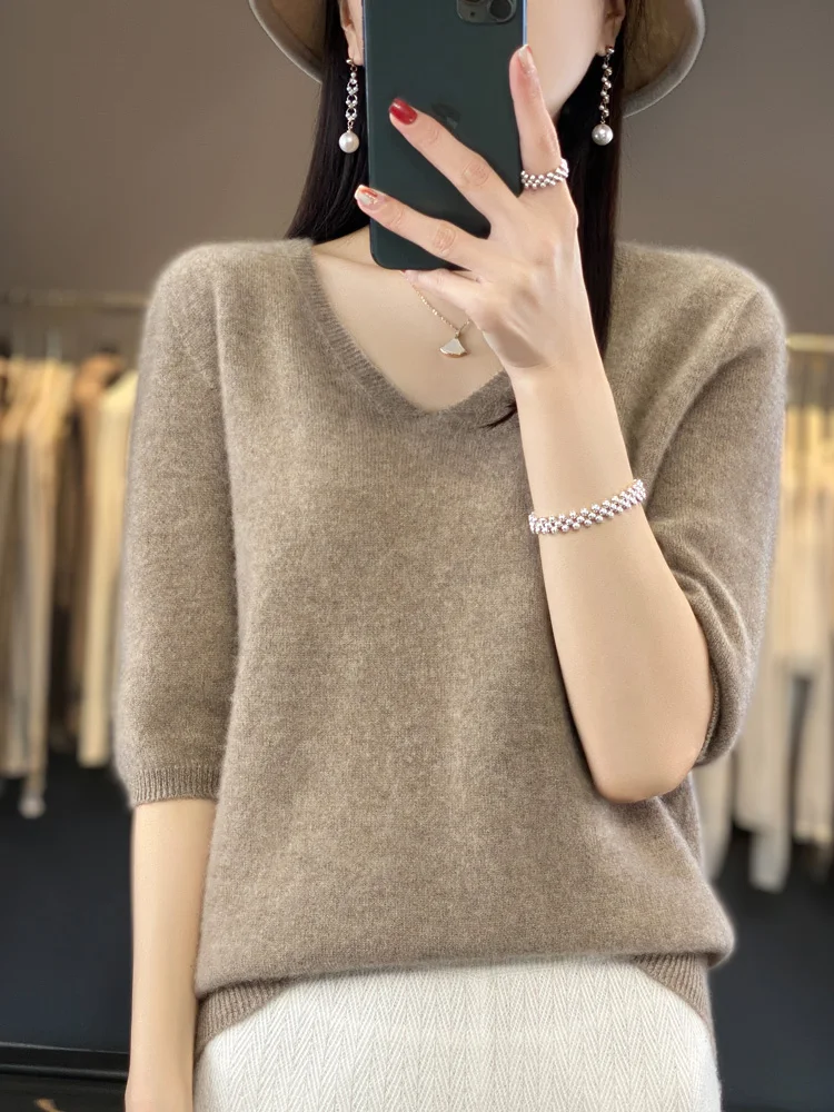 

Aliselect Short Sleeve Women Knitted Sweaters 100% Pure Merino Wool Cashmere Spring Fashion V-Neck Top Pullover Clothing