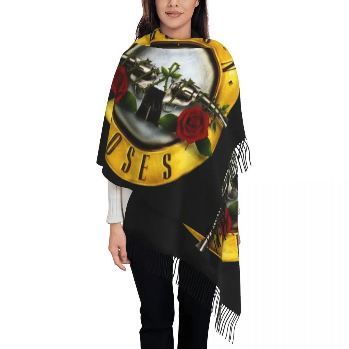 

Lady Long Guns N Roses Bullet Logo Scarves Women Winter Fall Soft Warm Tassel Shawl Wraps Hard Rock Band Scarf