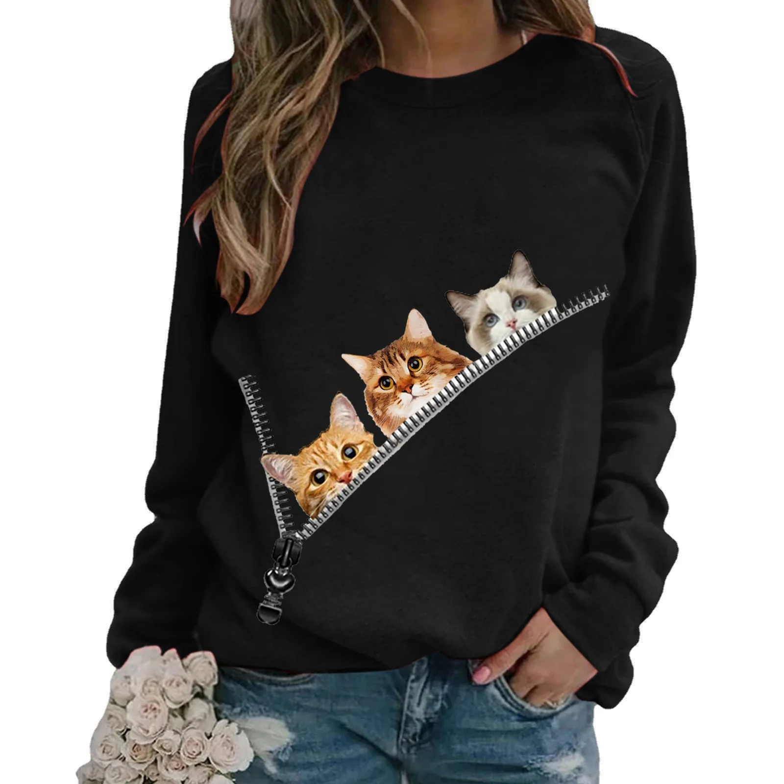 

Autumn New Cat Print Pattern Fashion Round Neck Women's Sweater Long Sleeve Top
