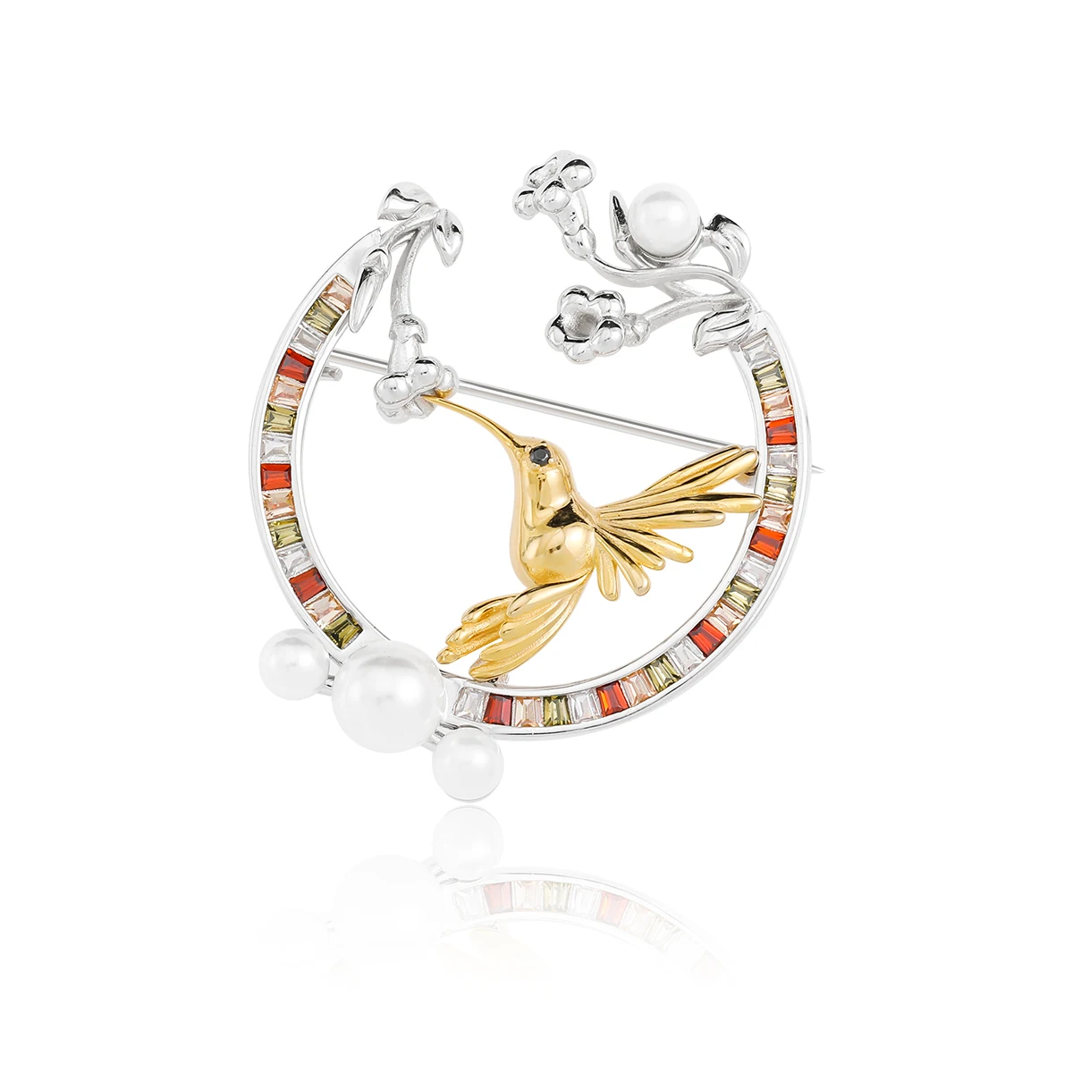 

HAIKE S925 sterling silver pearl brooch with original spring elements, fashionable and personalized colored stone flying birds