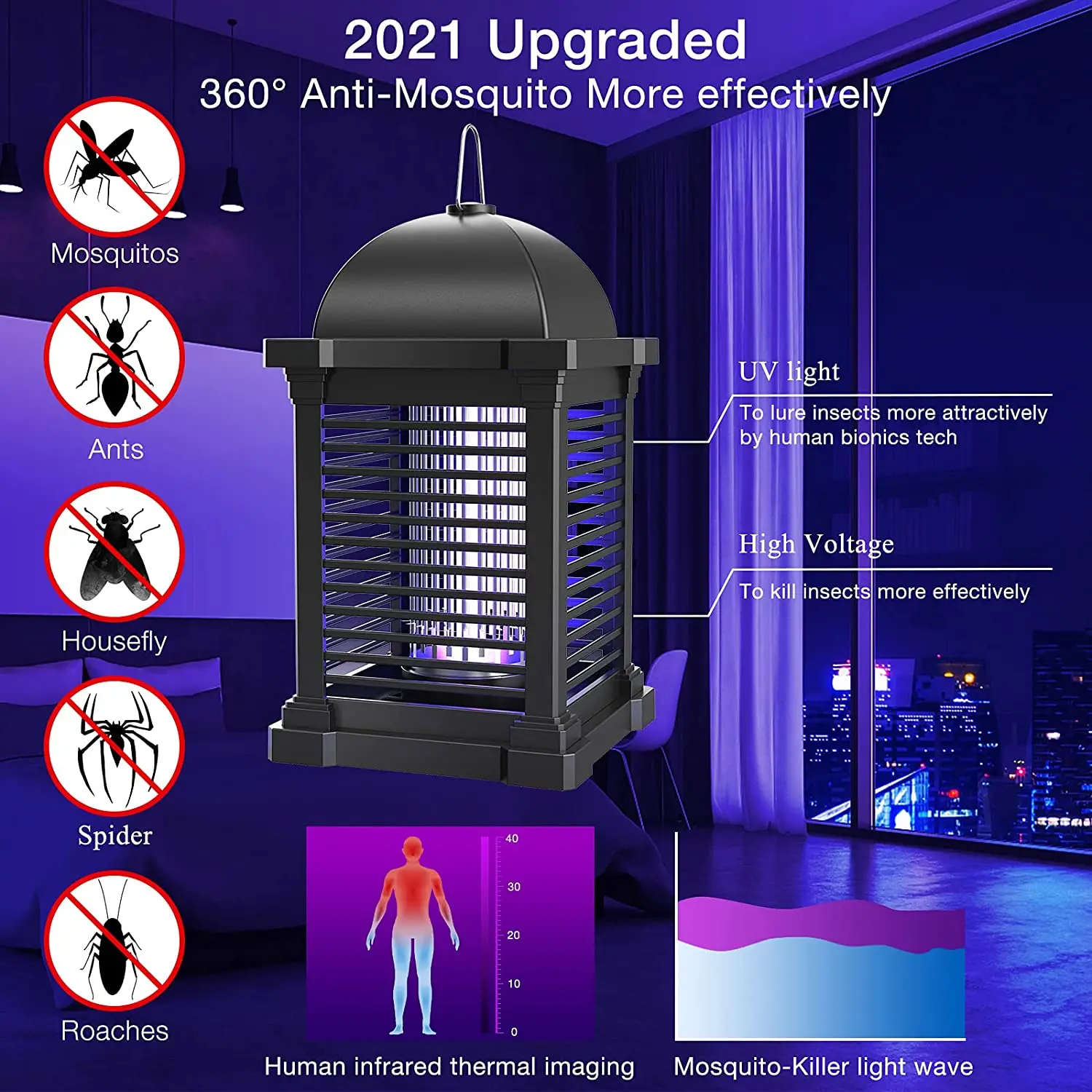AISITIN 충전식 전기 램프, 모기 킬러 트랩, UV 2 인 1, 4300V, 20W, 여름 모기 스와터
