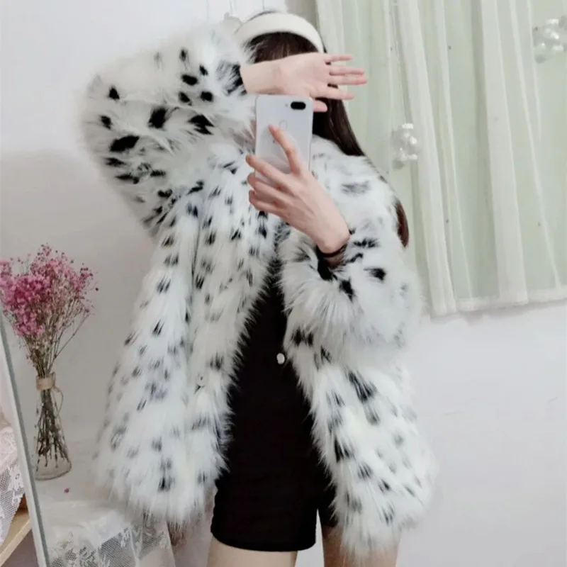 

2023 Autumn Winter New Women Faux Fox Fur Fur Coat Mid-Length Fashion Leopard Print Outwear Loose Thicked Warm Leisure Parkas