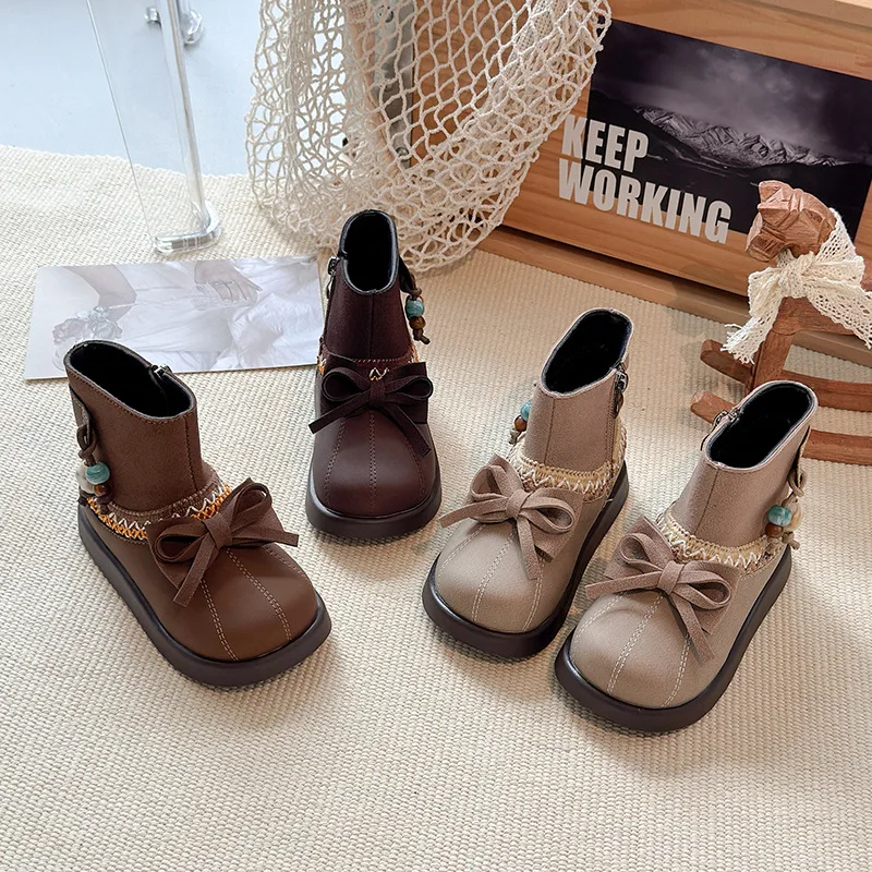 Girls Short Boots Ethnic Style Kids Leather Boots with Simple Bows 2025 Autumn Winter Children Princess Boots Side Zipper Sweet