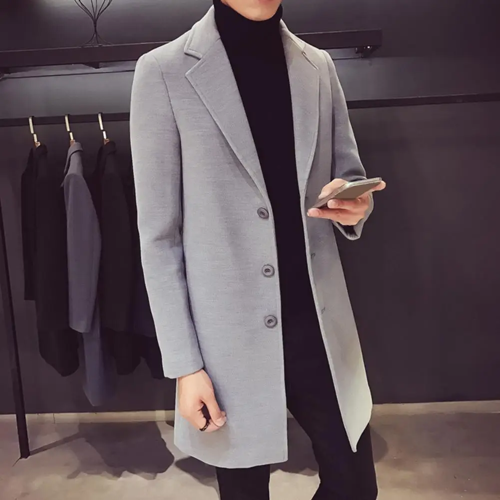 

Men Long Coat Men's Single-breasted Solid Color Overcoat with Turn-down Collar Long Sleeve Mid Length Cardigan Coat for Fall