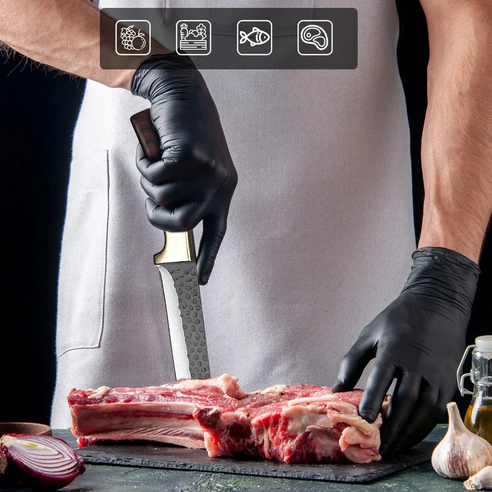 3-teiliges Edelstahl-Steakmesser-Set mit Vintage-Holzgriff, Scharfe Grillmesser mit genietetem ergonomischem Griff, Küchenbesteck – Detail 7