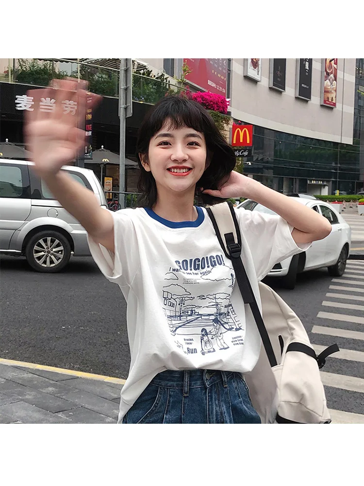 

Women Sweet T-Shirt Preppy Style O-Neck White Cartoon Anime Printed Cute Short Sleeve Tops Fashion Loose Casual Ladies T Shirt