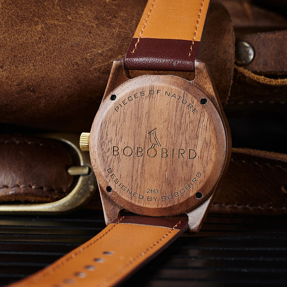 Men's watch BOBO BIRD Leather Strap Quartz Watch Time Display Men Wooden Wristwatch Personalised With Gift Box  For Man Dropship