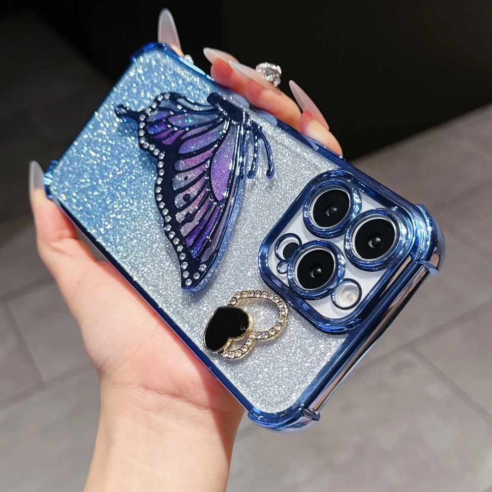 Elegant Butterfly Bracket Crystal Chain Phone Case - Luxury Protective Cover