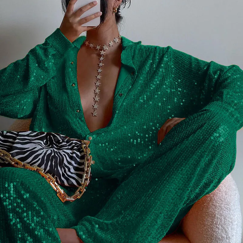 

Y2K Fashion Women's Wide Leg Pants Shiny Sequins Decor Surface Casual Outfits Elastic High Waist Pants for Female Club Partywear
