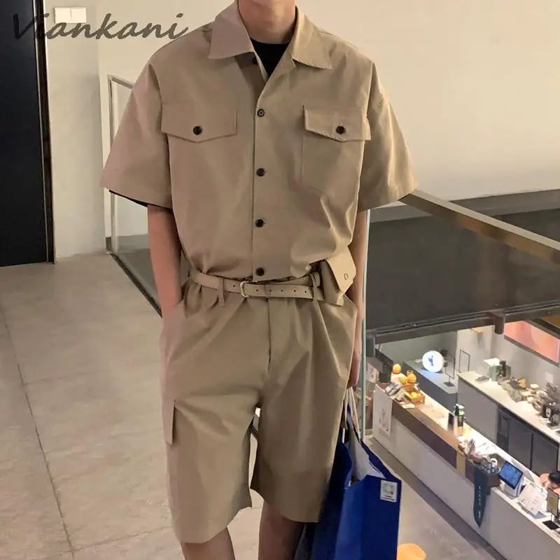 

Men Cargo Overalls with Leather Belt Bag Korean Streetwear Casual Solid Rompers Pockets Fashion Short Sleeve Button Jumpsuits