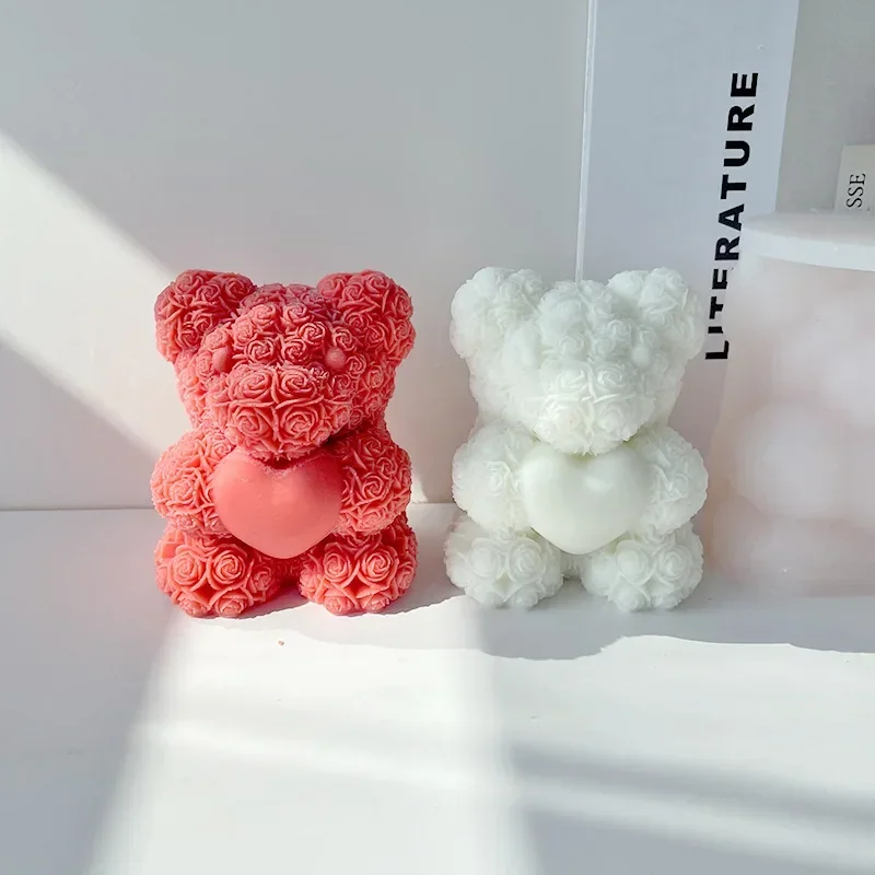 Large Bear Silicone Candle Mold 3D Bear Hug Love Rose Flower