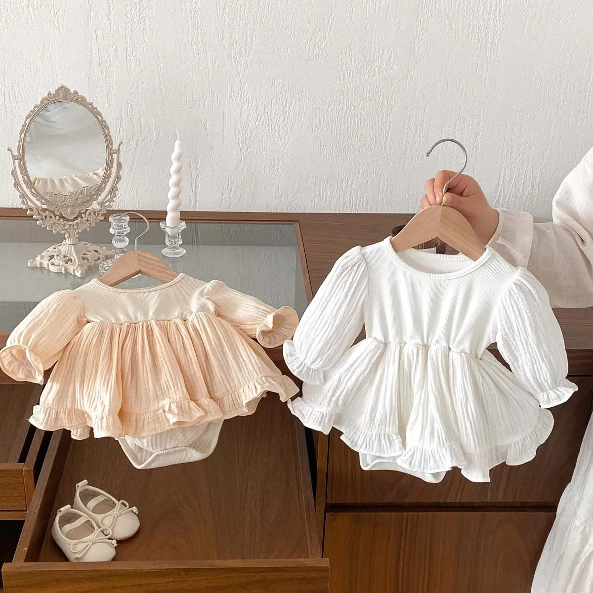 Spring Newborn Princess Onesie Cotton Baby Girl Outfit Korean Style Full Month Going out Clothes Trousers Included