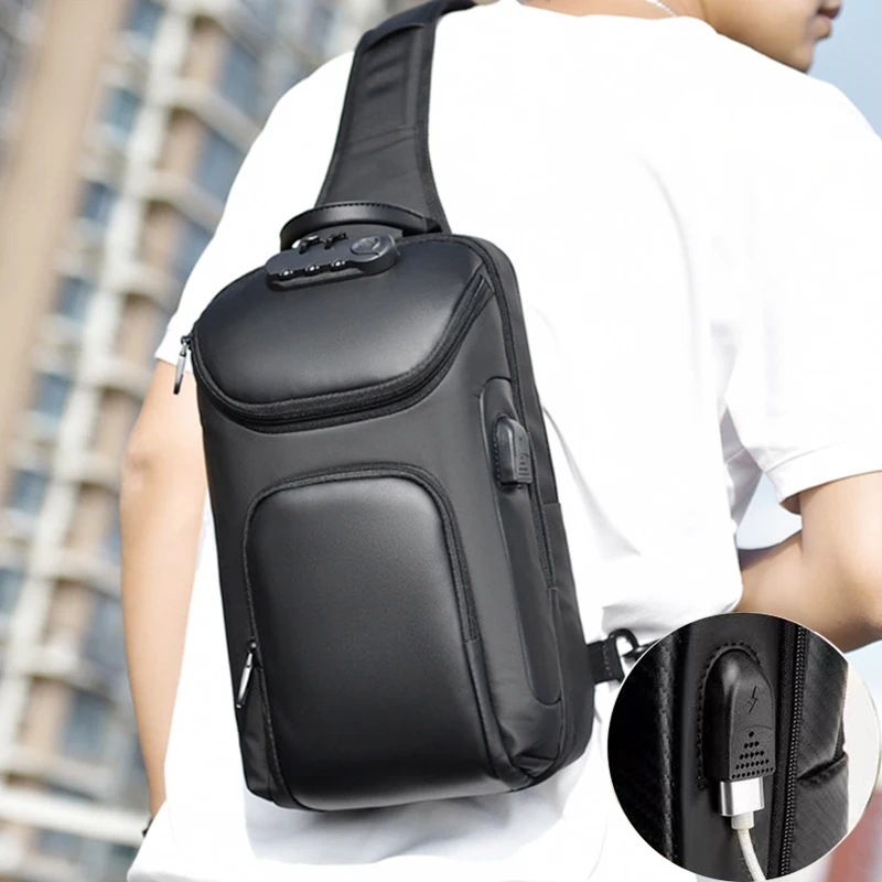 

Men Shoulder Chest Pack Cross body Bag Sling Backpack Anti-theft Short Trip USB Charging Port Travel Oxford Male Messenger Bag