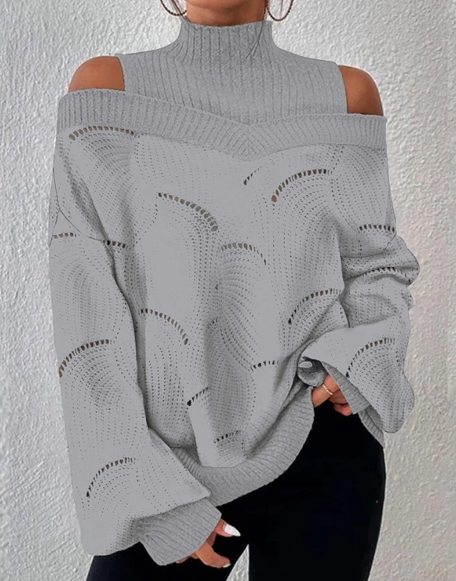 

Hot Selling Women's Pullover 2023 Autumn and Winter New Fashion Casual Cold Shoulder Lantern Sleeve Hollowed Out Knitted Sweater