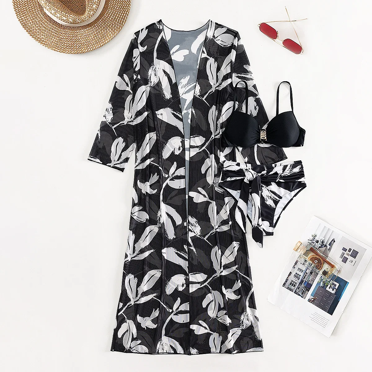 2024 Three Pieces Bikini Set Cover Up Swimwear Women Swimsuit Print Long Sleeve Push Up Bathing Suit Beachwear Swimming Biquini