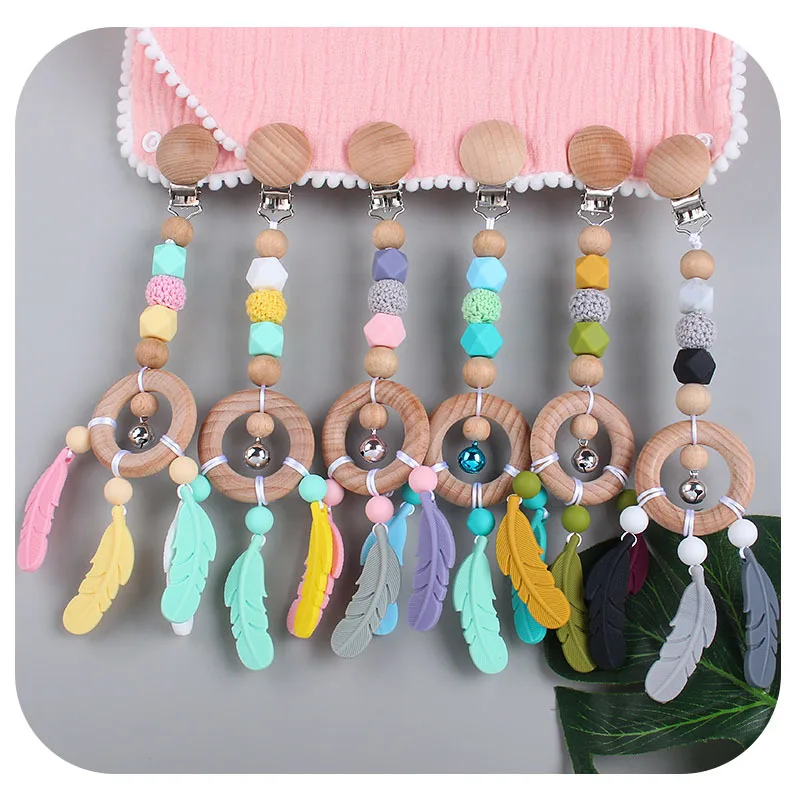 

Baby Pacifier Clip Wooden Ring DIY Bell Feather Silicone Chew Nipple Teether Toy Anti-lost Chain Infant Items Newborn Essentials
