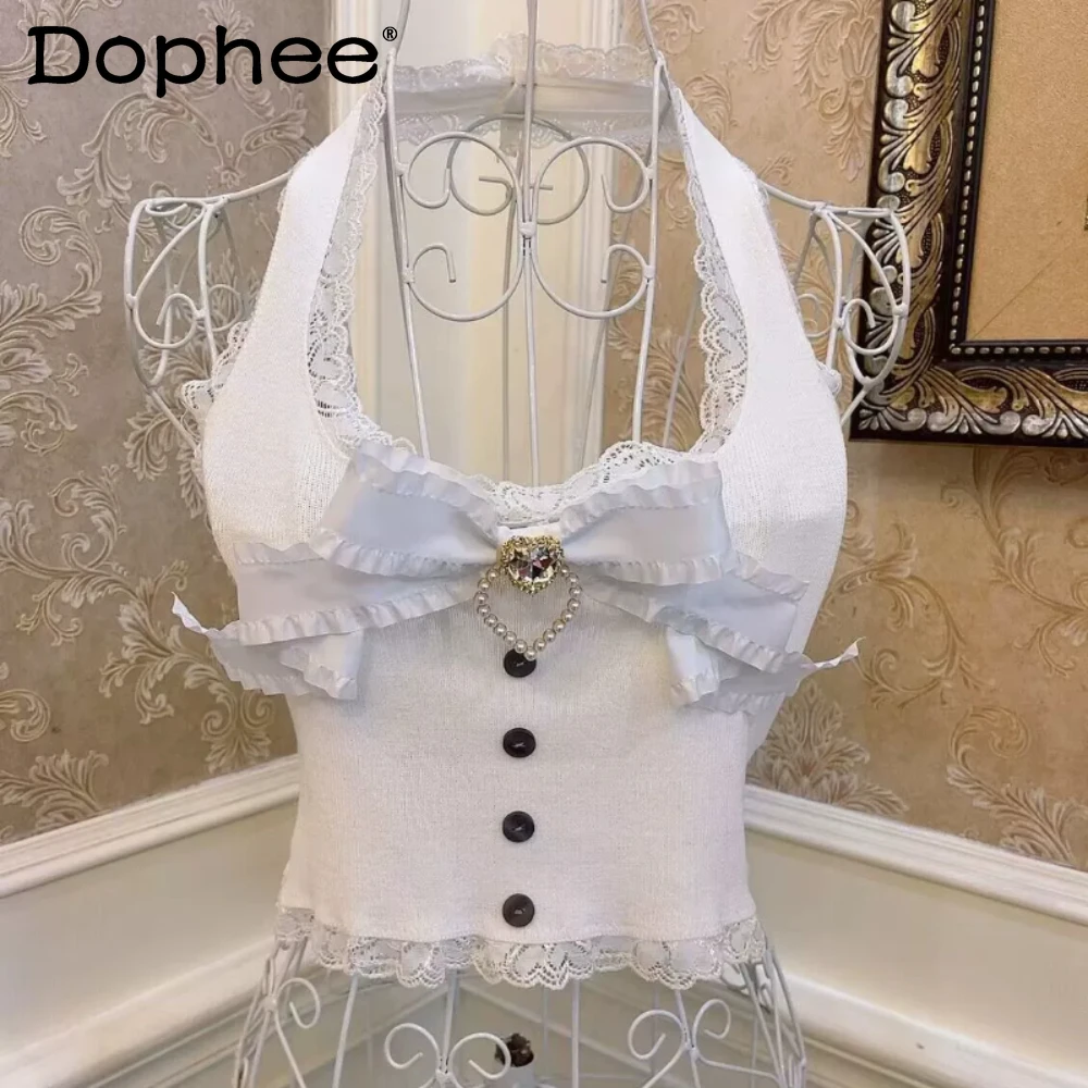 

Princess Butterfly Love Diamond Fungus Lace Slim Fit Show Umbilical Halterneck Vest Top Short Strap Women Clothes Y2k Tank Top