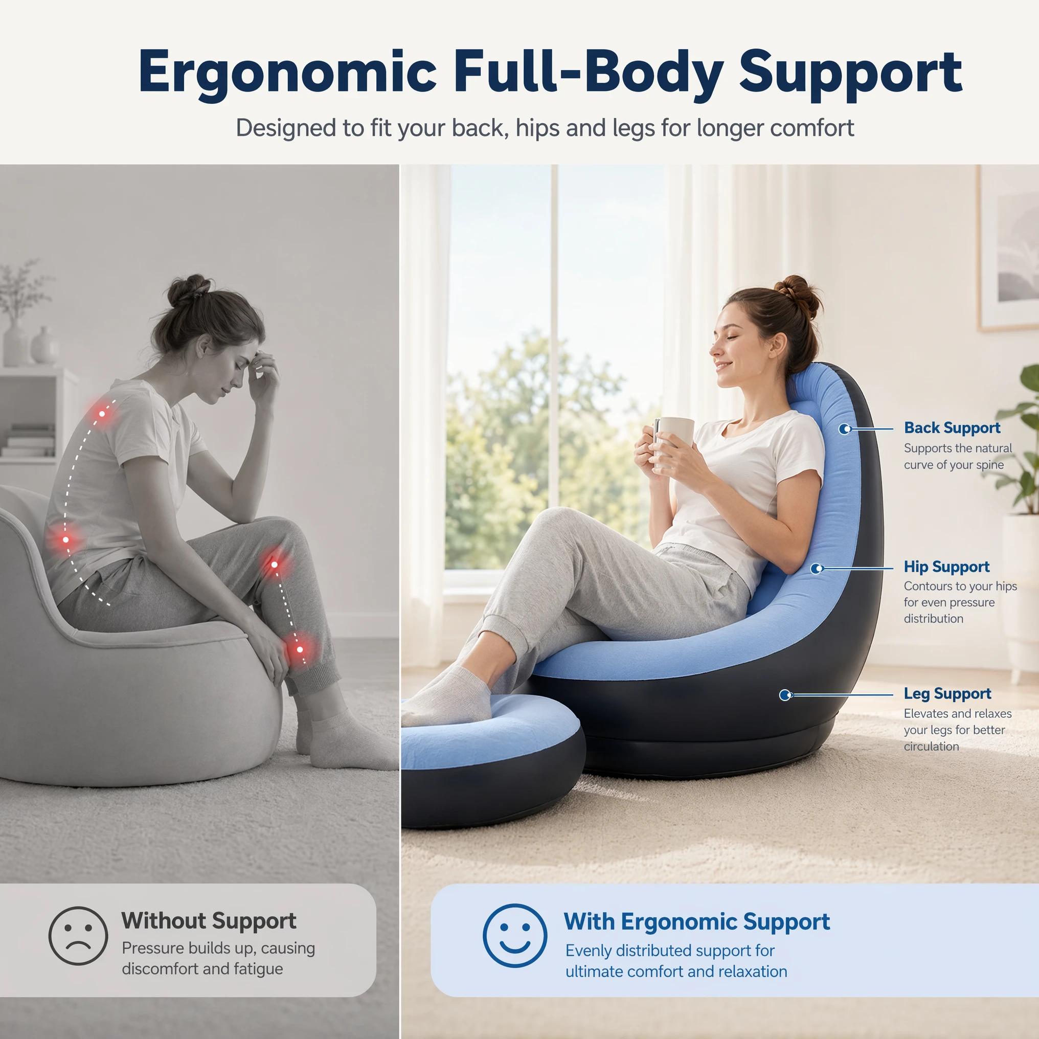 Inflatable Flocking Lazy Sofa Set with Foot Stool Portable Foldable Air Sofa Chair for Indoor Bedroom Outdoor Camping Leisure Furniture