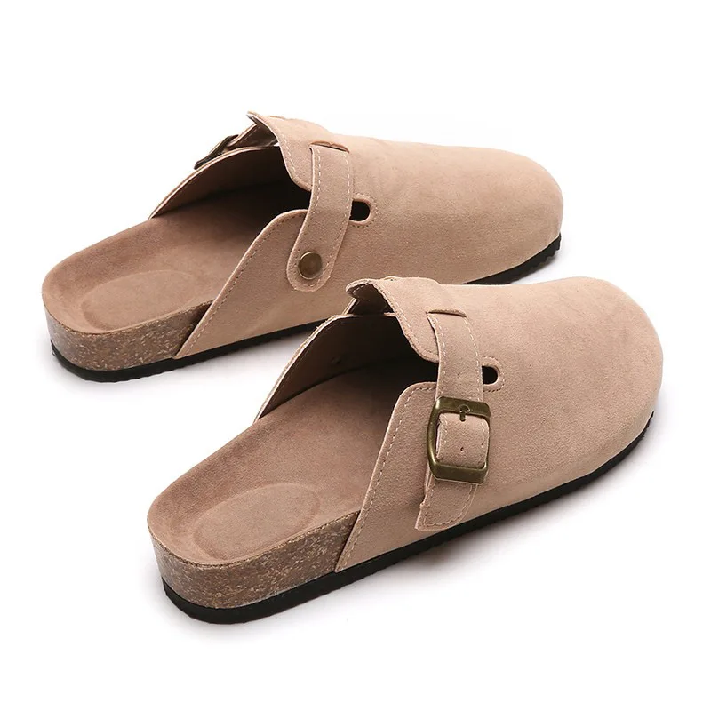 

Women Faux leather frosted Cow Suede Flat Head Baotou Couple Thick Flat Bottom Muller Half Slippers Casual Men Slides Shoes