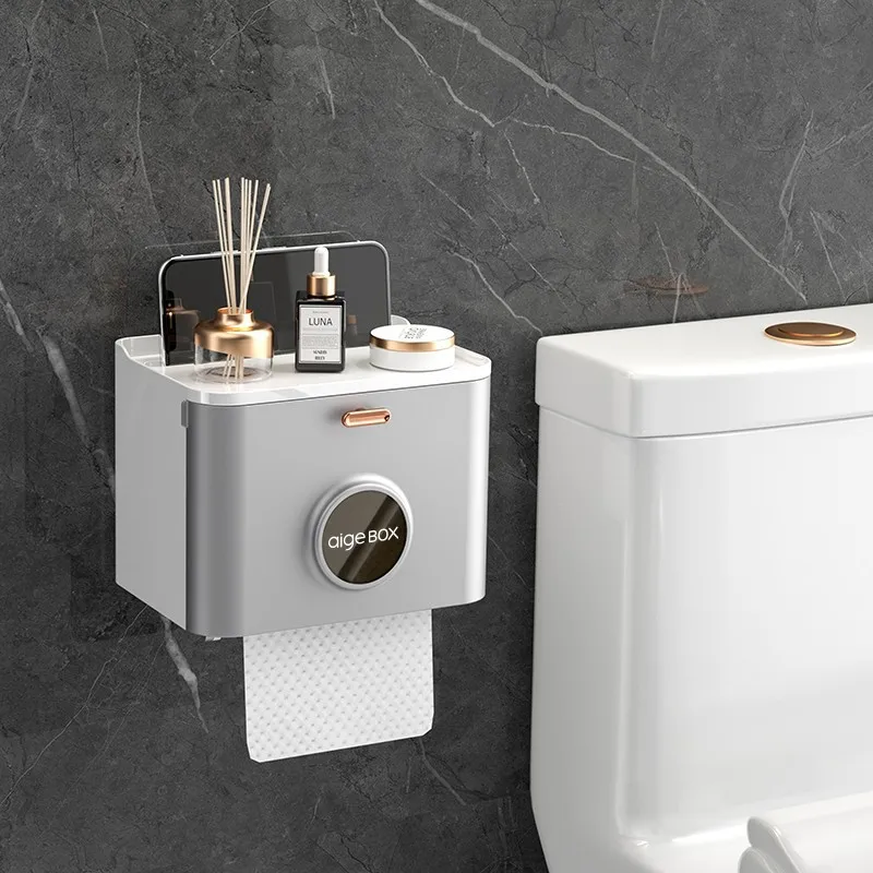 

Punch-free Waterproof Toilet Paper Holder Paper Towels Holder Wall Mounted Bathroom Shelf Storage Box Portable Rack