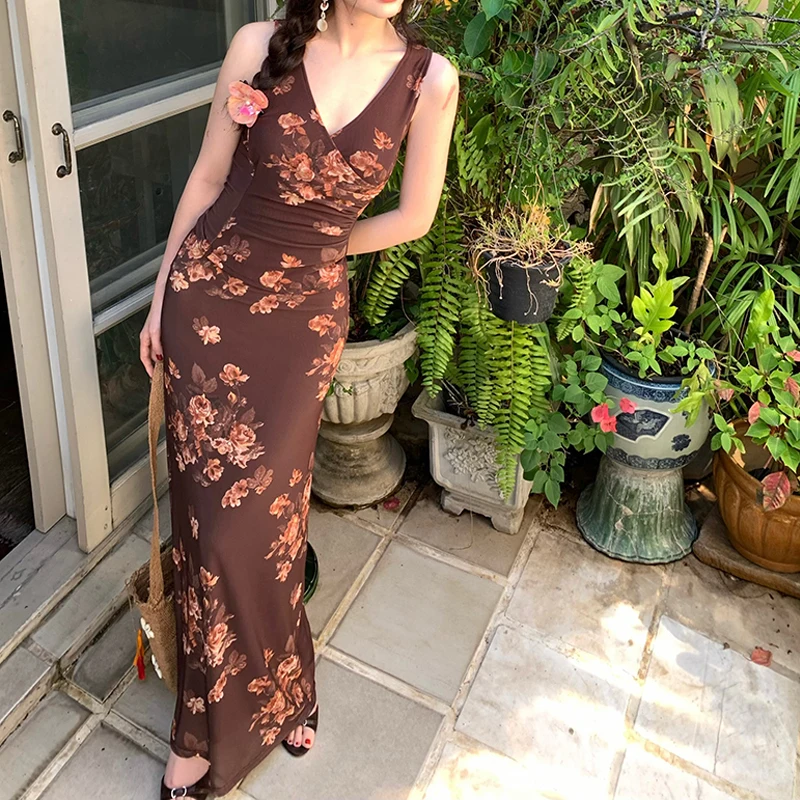 

Women Vintage Fashion Floral Print Ruched Elegant Bodycon Party Dresses Summer Sexy Mesh V Neck Sleeveless Maxi Dress Beach Robe